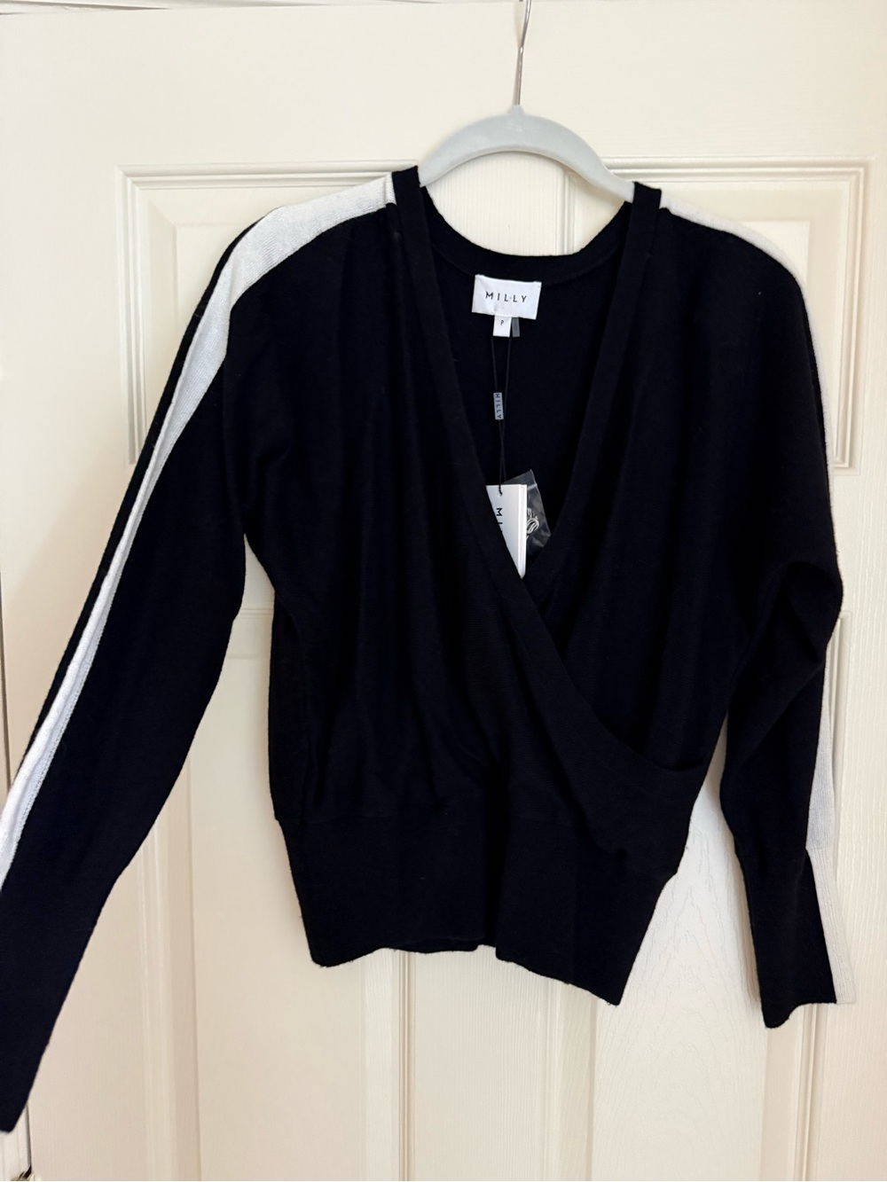 Milly Black Racer V-Neck Wrap Sweater with White Stripe
